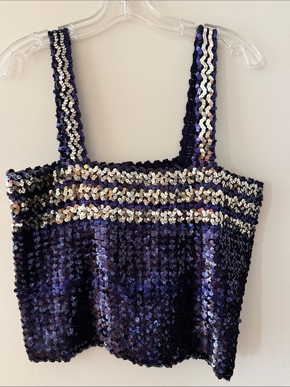 Vintage I Magnin Navy Sequin Cropped Camisole with Silver Accent Stripes